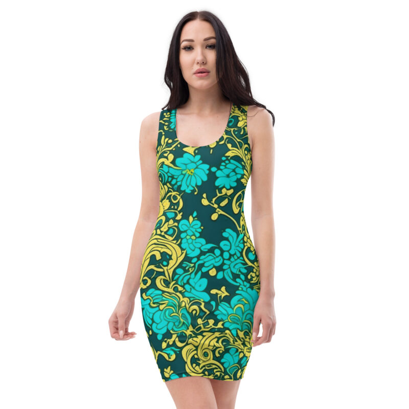 Turquoise and Gold Womens Printed Flower Dress by Smokin Apparel